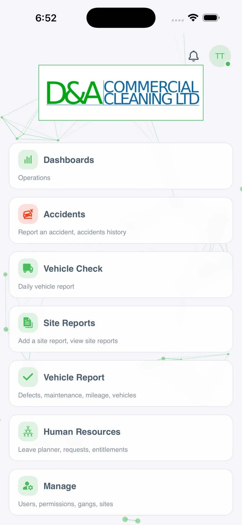 D&A Manager home screen with Dashboards, Accidents, Vehicle Check, Site Reports, Vehicle Report, Human Resources and Manage